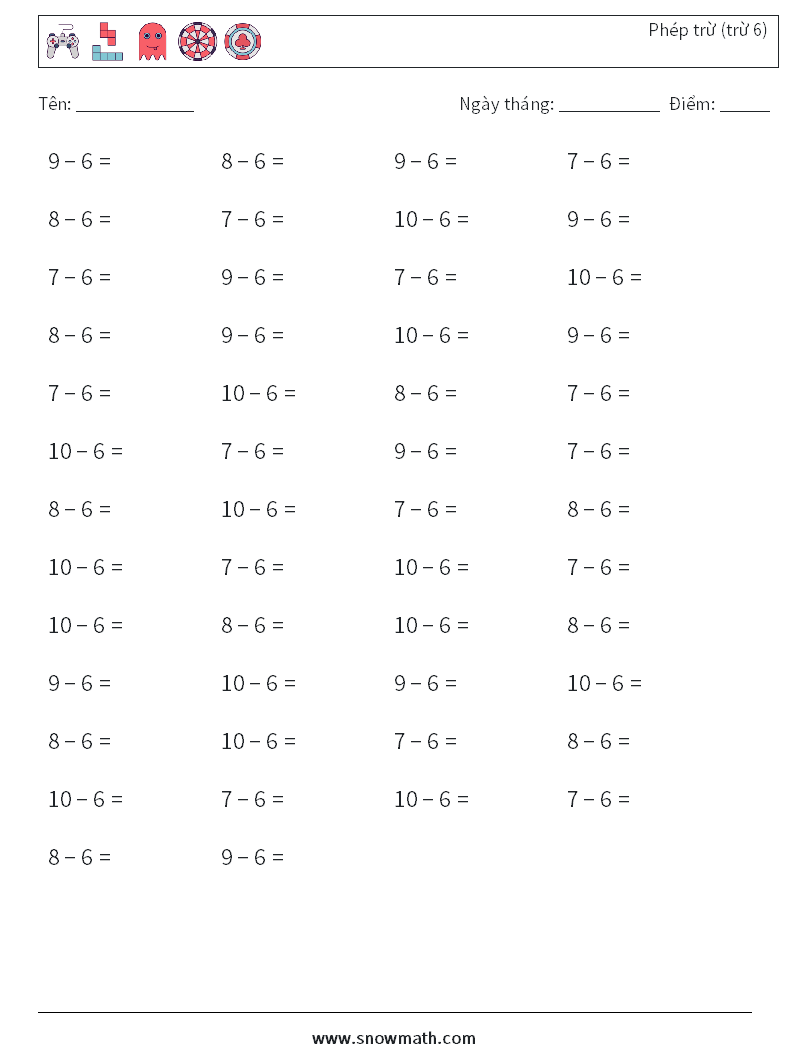 (50) Phép trừ (trừ 6) Bảng tính toán học 3