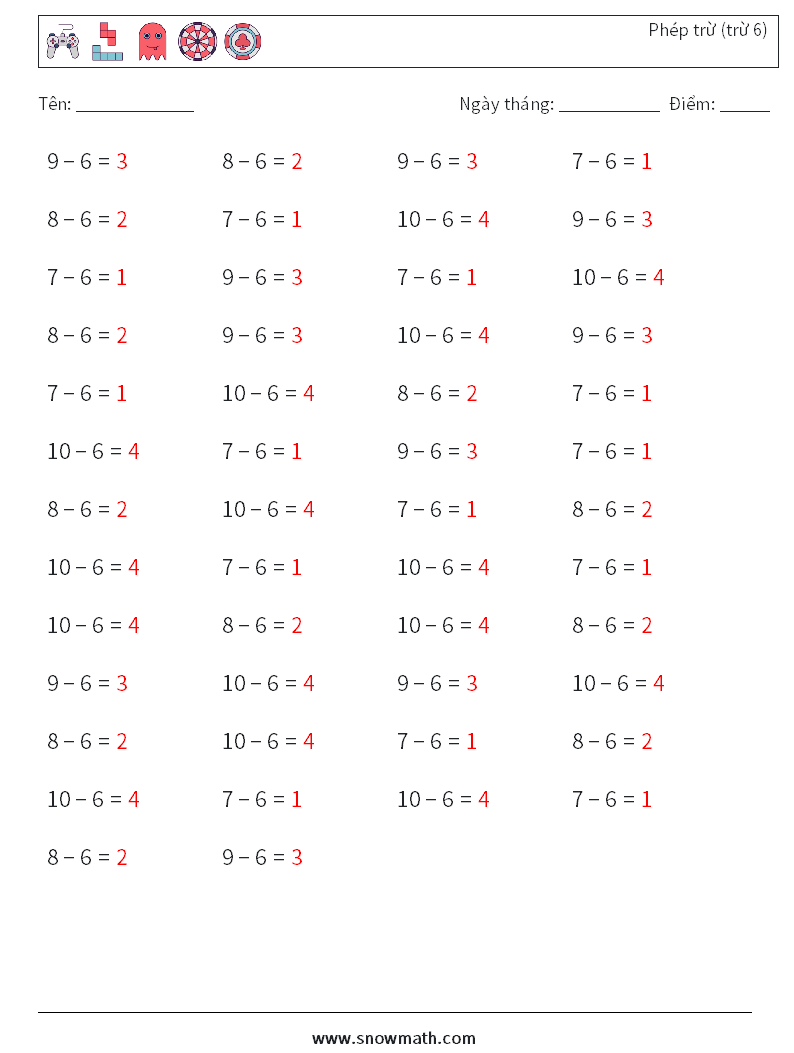 (50) Phép trừ (trừ 6) Bảng tính toán học 3 Câu hỏi, câu trả lời