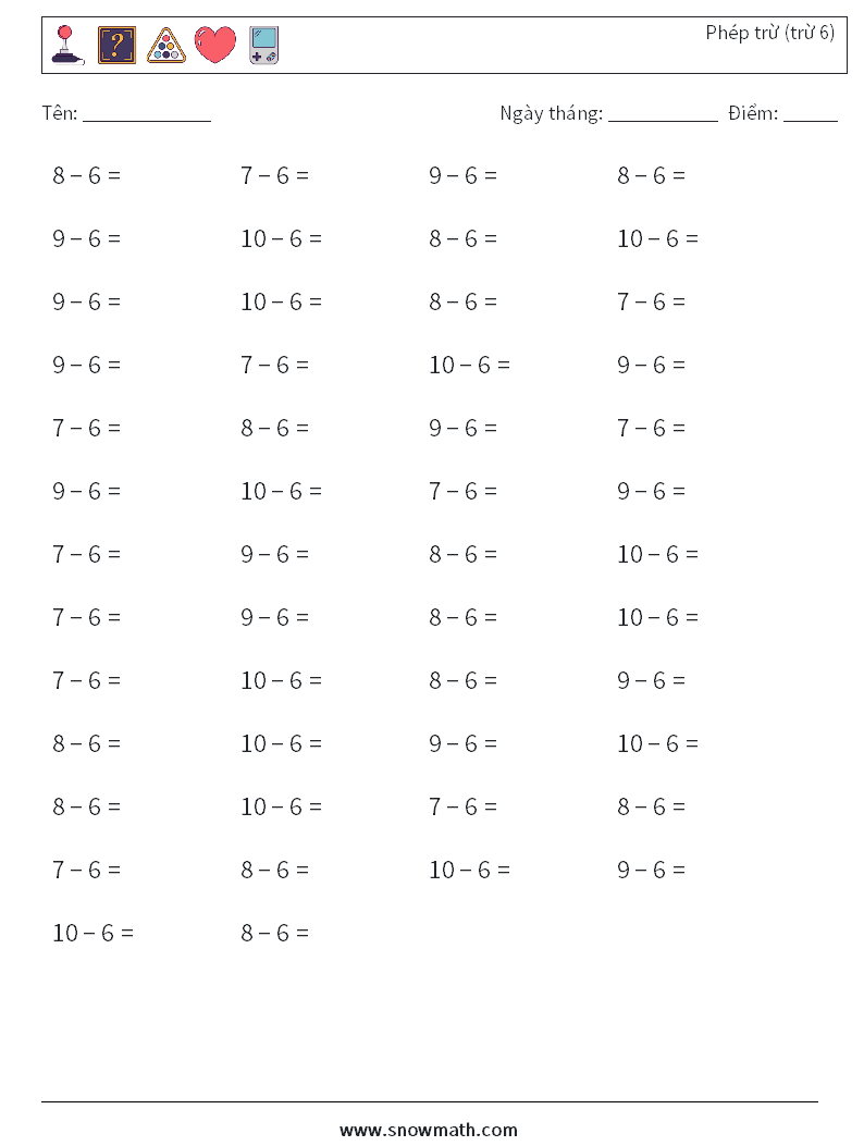 (50) Phép trừ (trừ 6) Bảng tính toán học 4