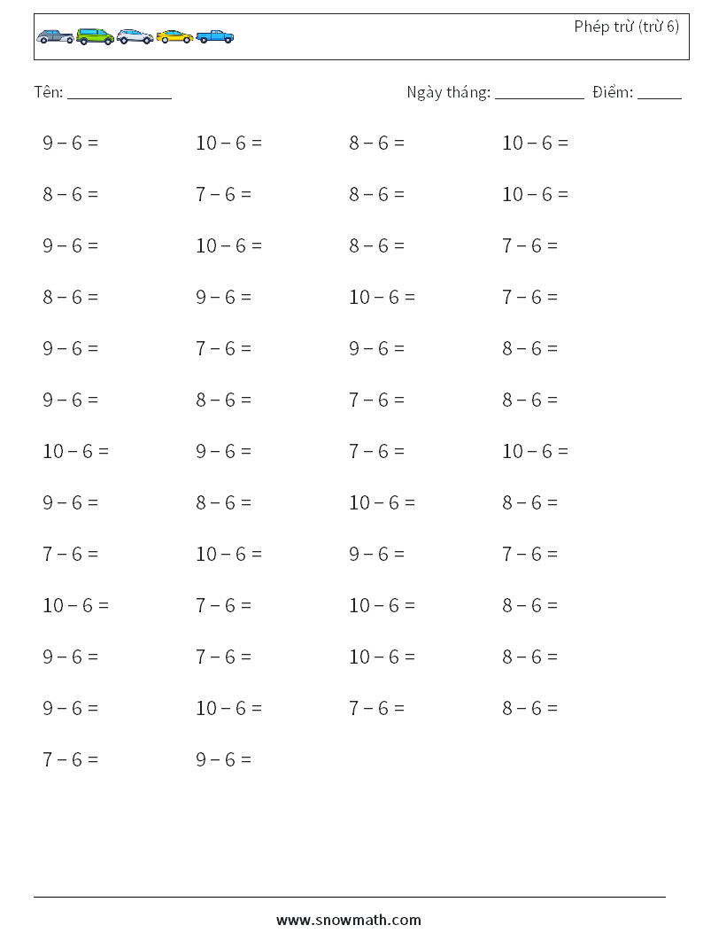 (50) Phép trừ (trừ 6) Bảng tính toán học 5