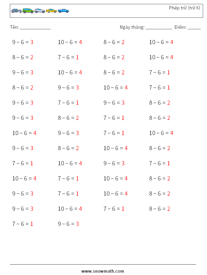 (50) Phép trừ (trừ 6) Bảng tính toán học 5 Câu hỏi, câu trả lời