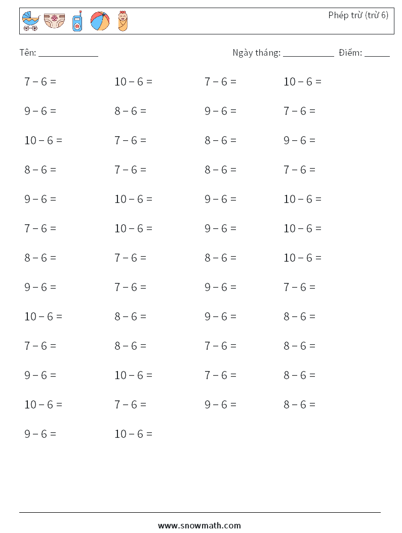 (50) Phép trừ (trừ 6) Bảng tính toán học 6