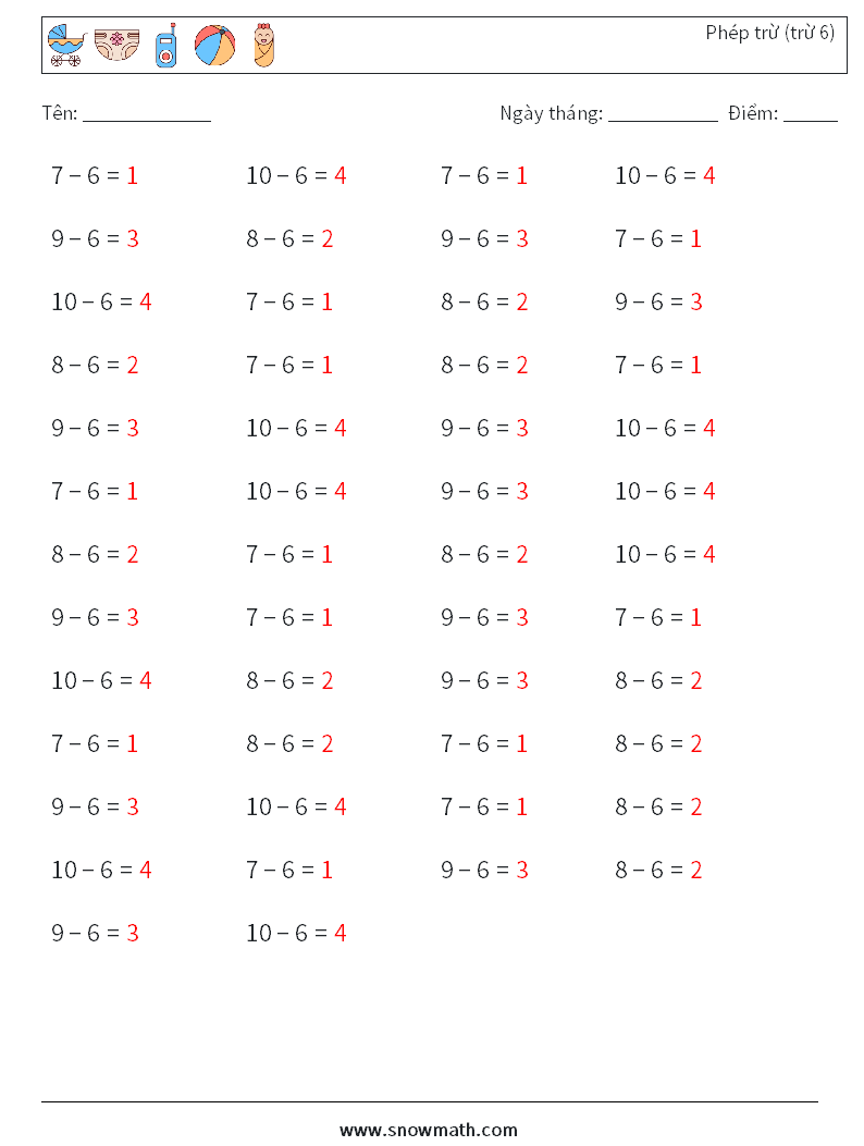 (50) Phép trừ (trừ 6) Bảng tính toán học 6 Câu hỏi, câu trả lời