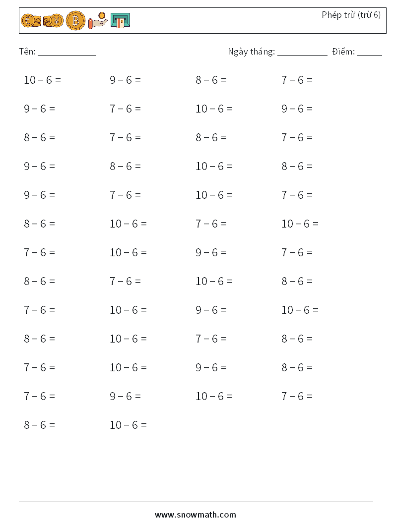 (50) Phép trừ (trừ 6) Bảng tính toán học 7