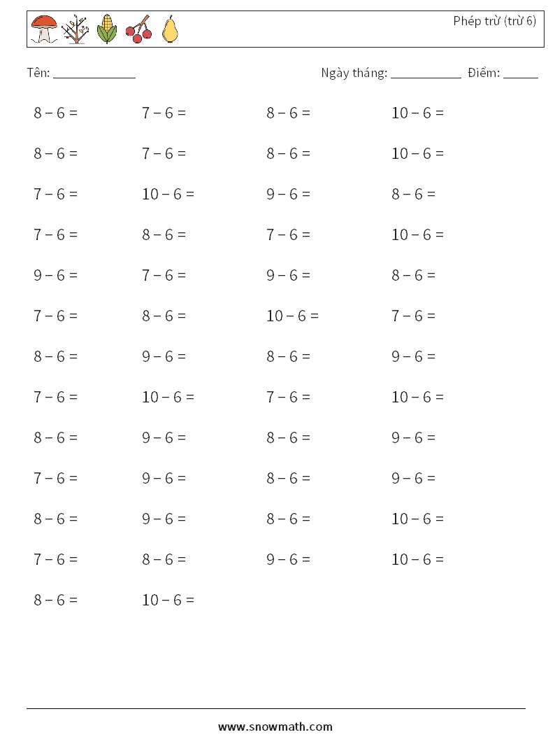 (50) Phép trừ (trừ 6) Bảng tính toán học 8