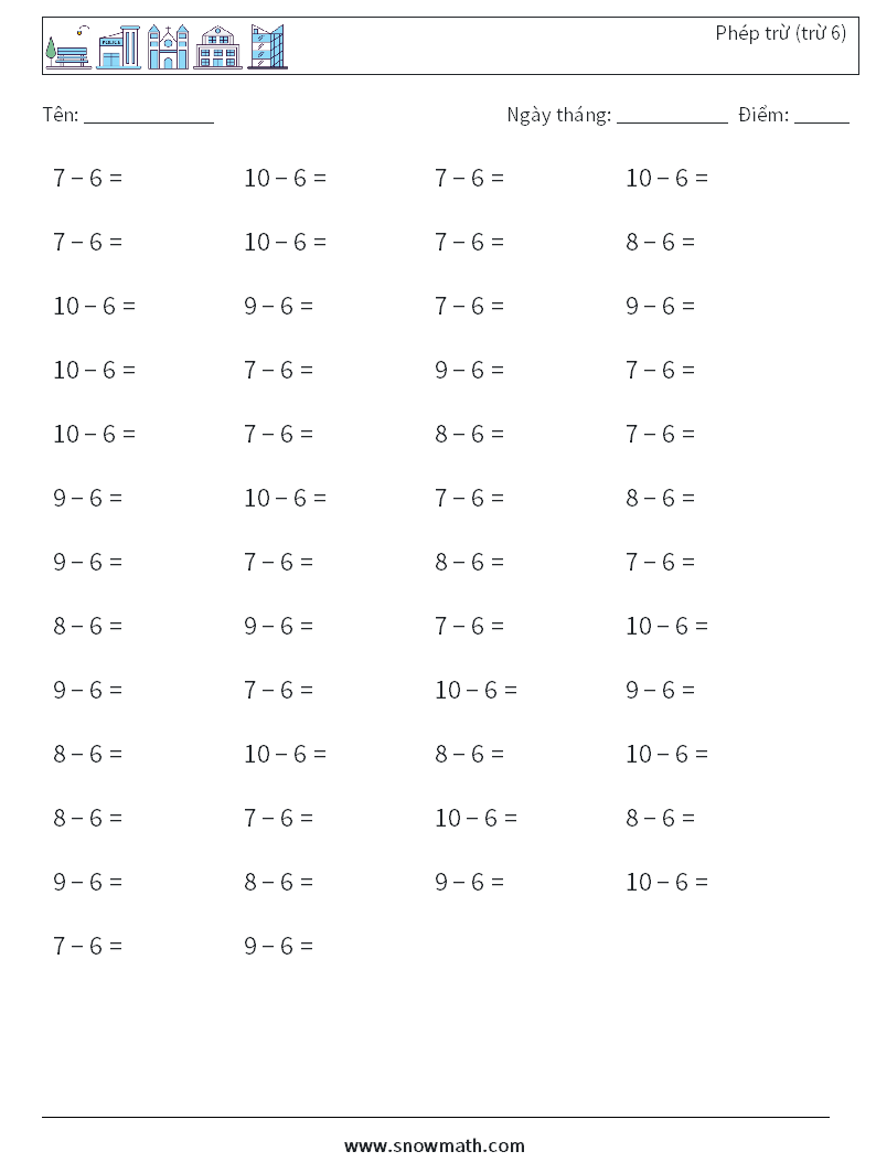 (50) Phép trừ (trừ 6) Bảng tính toán học 9
