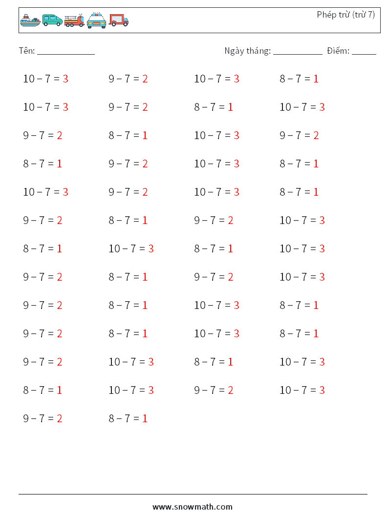 (50) Phép trừ (trừ 7) Bảng tính toán học 1 Câu hỏi, câu trả lời