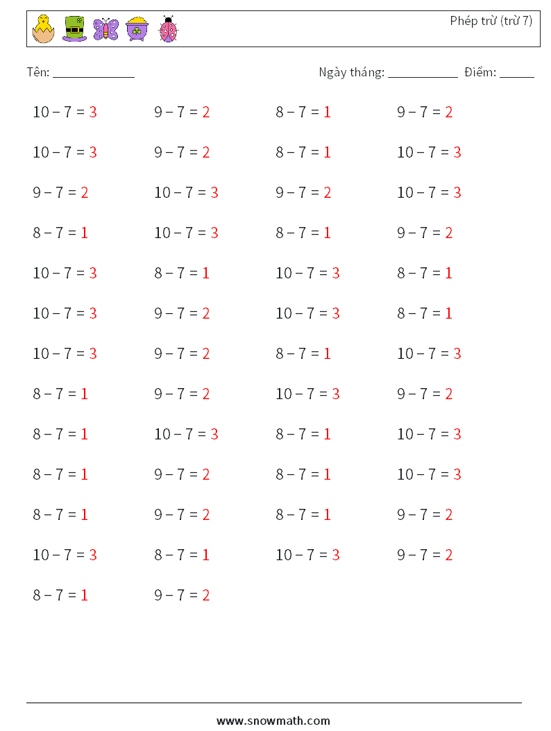 (50) Phép trừ (trừ 7) Bảng tính toán học 2 Câu hỏi, câu trả lời