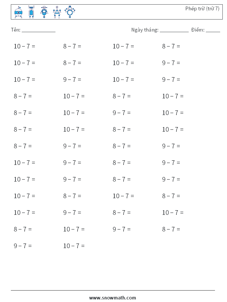 (50) Phép trừ (trừ 7) Bảng tính toán học 3