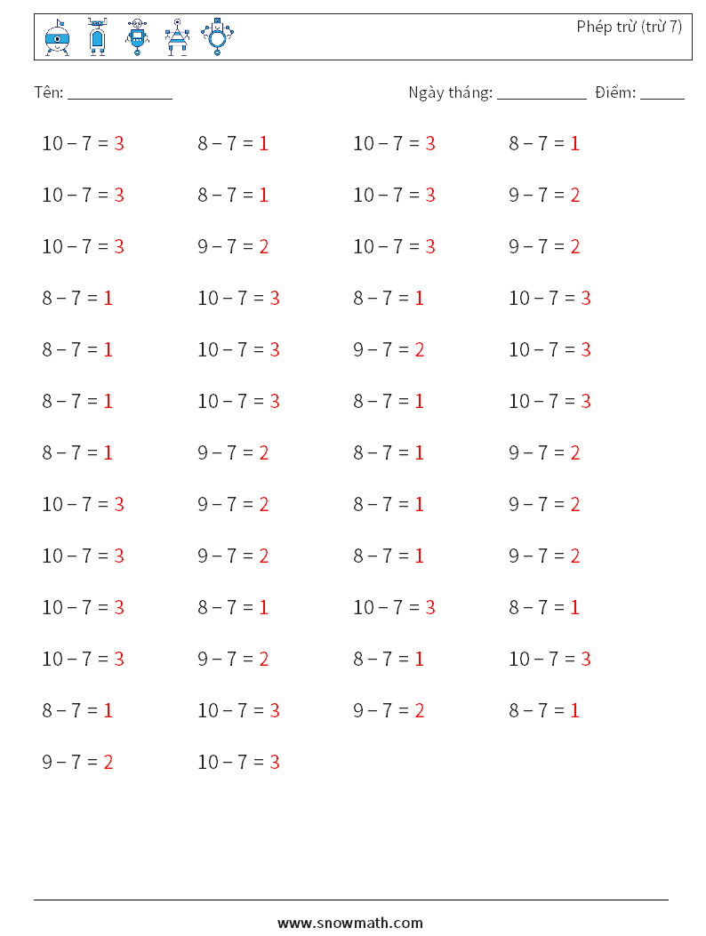 (50) Phép trừ (trừ 7) Bảng tính toán học 3 Câu hỏi, câu trả lời