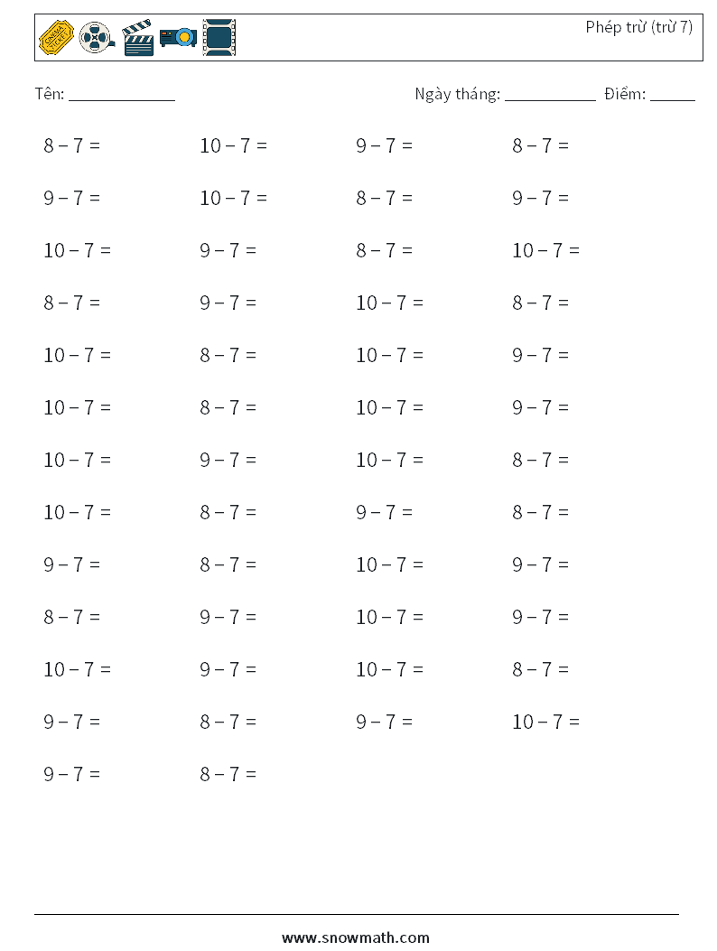 (50) Phép trừ (trừ 7) Bảng tính toán học 4