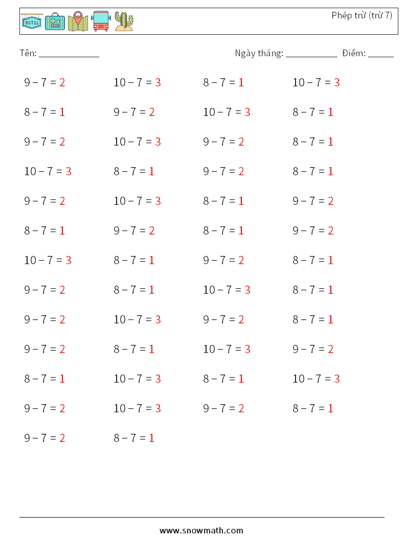 (50) Phép trừ (trừ 7) Bảng tính toán học 5 Câu hỏi, câu trả lời