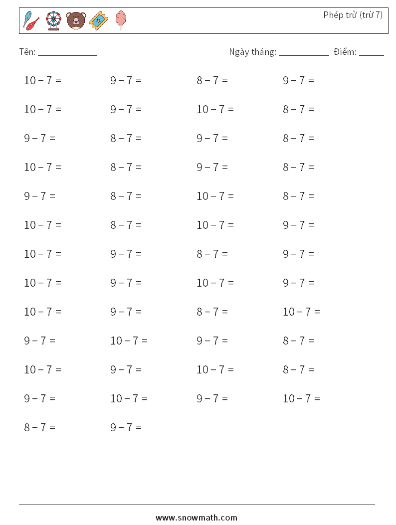 (50) Phép trừ (trừ 7) Bảng tính toán học 6