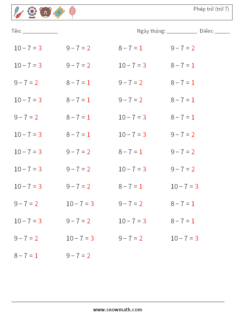 (50) Phép trừ (trừ 7) Bảng tính toán học 6 Câu hỏi, câu trả lời