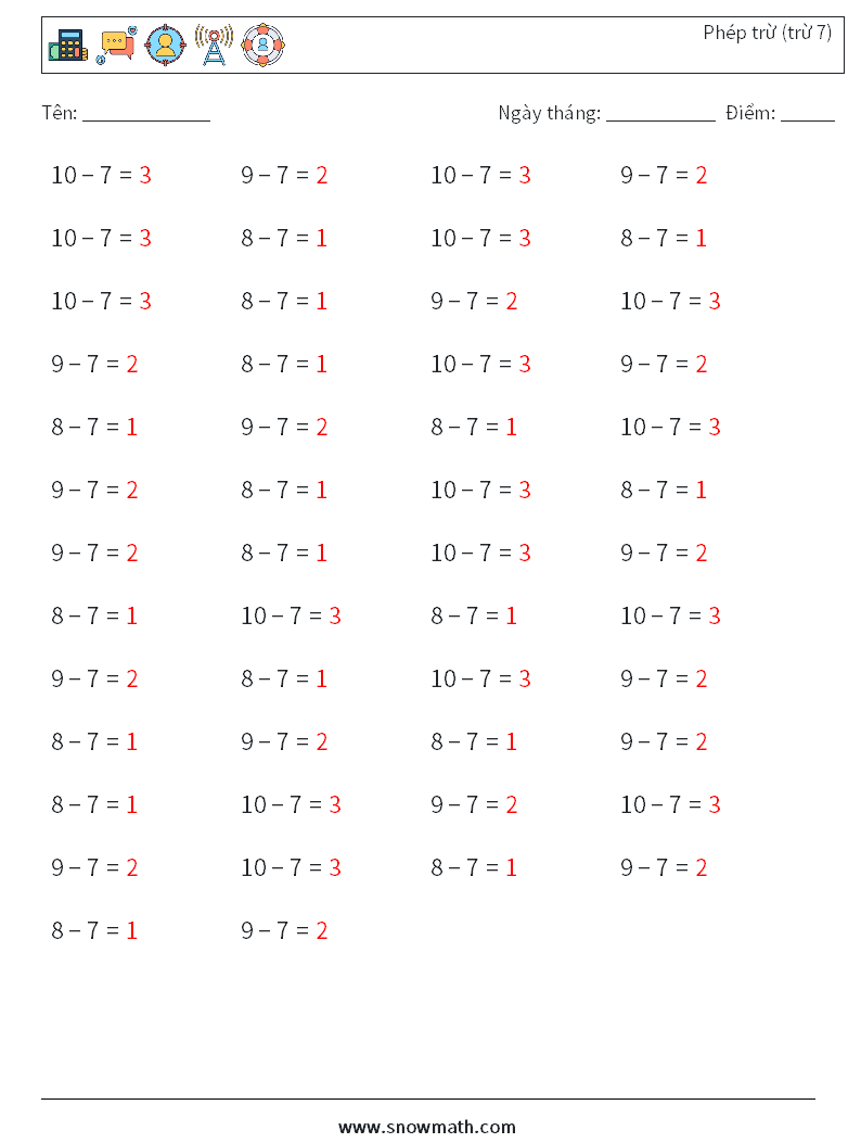 (50) Phép trừ (trừ 7) Bảng tính toán học 7 Câu hỏi, câu trả lời