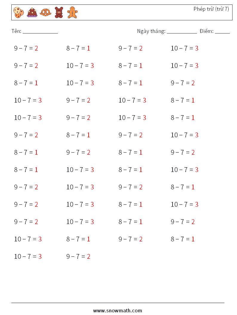 (50) Phép trừ (trừ 7) Bảng tính toán học 8 Câu hỏi, câu trả lời