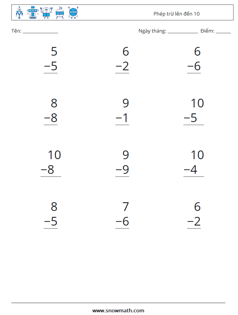 (12) Phép trừ lên đến 10 Bảng tính toán học 2