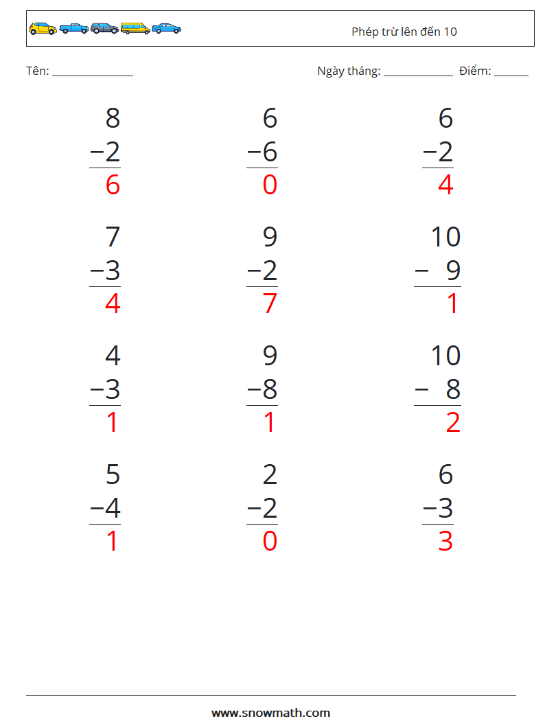 (12) Phép trừ lên đến 10 Bảng tính toán học 4 Câu hỏi, câu trả lời