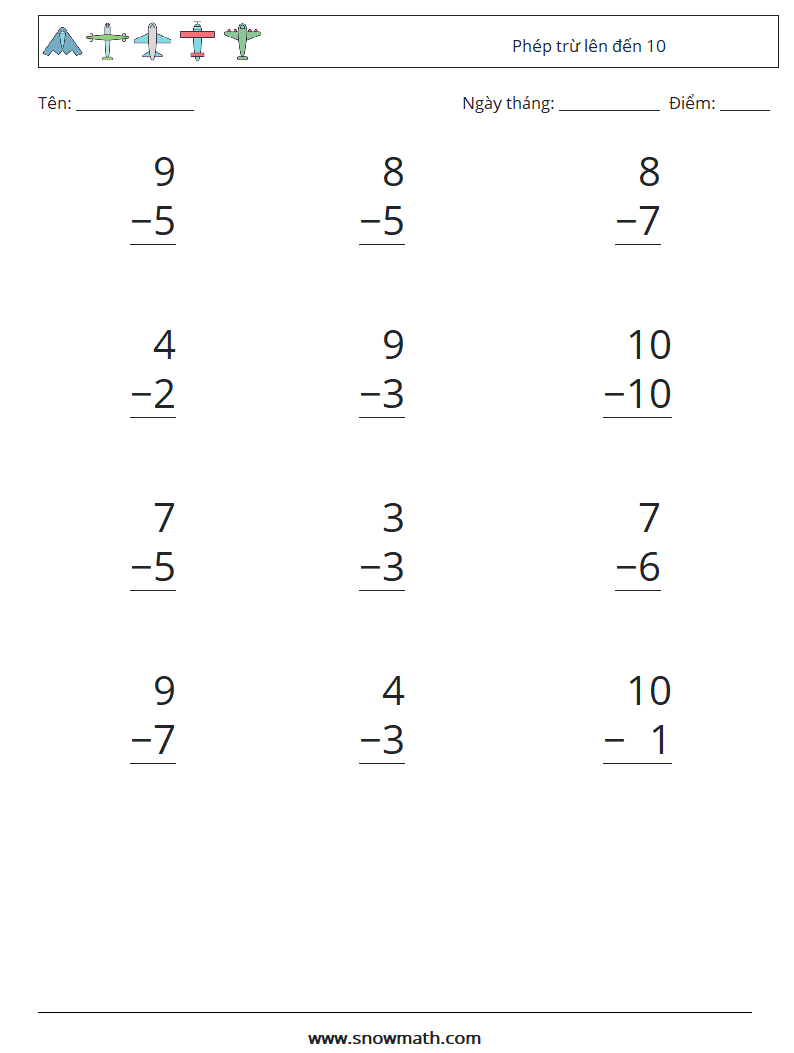 (12) Phép trừ lên đến 10 Bảng tính toán học 5