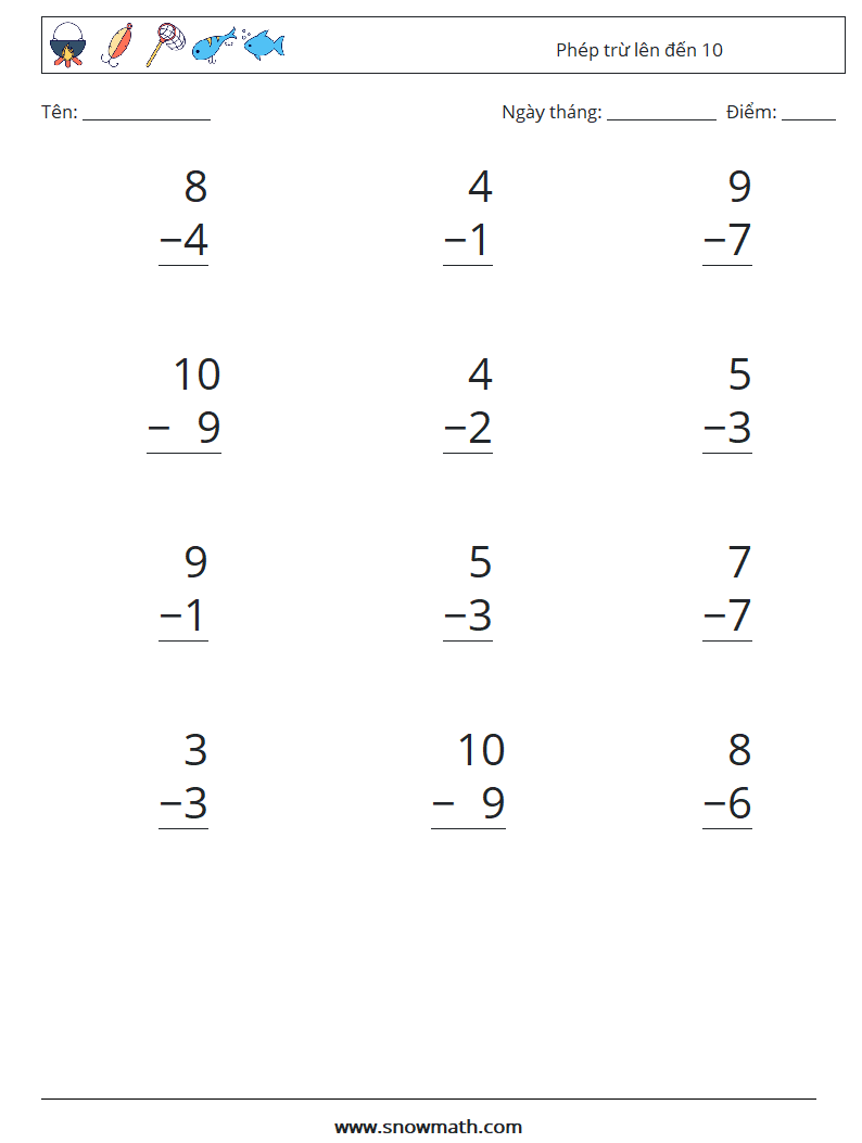 (12) Phép trừ lên đến 10 Bảng tính toán học 6