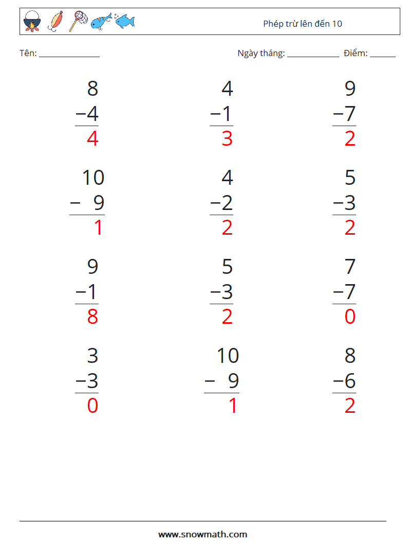 (12) Phép trừ lên đến 10 Bảng tính toán học 6 Câu hỏi, câu trả lời