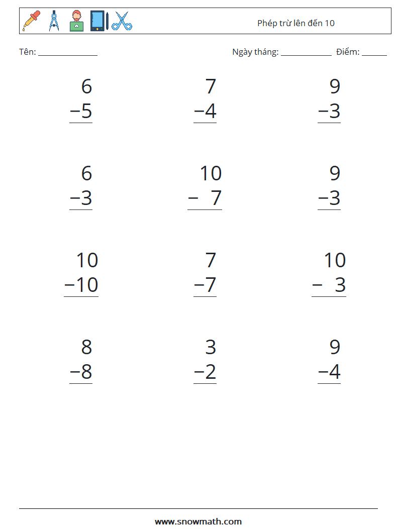 (12) Phép trừ lên đến 10 Bảng tính toán học 7
