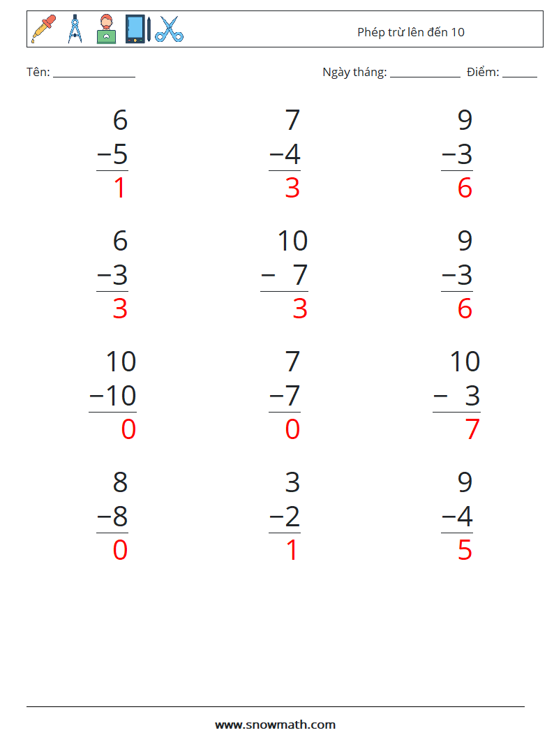 (12) Phép trừ lên đến 10 Bảng tính toán học 7 Câu hỏi, câu trả lời