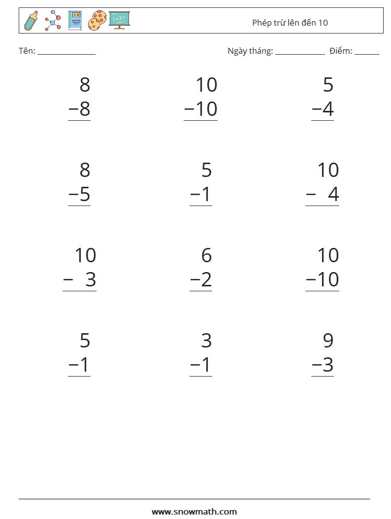 (12) Phép trừ lên đến 10 Bảng tính toán học 8