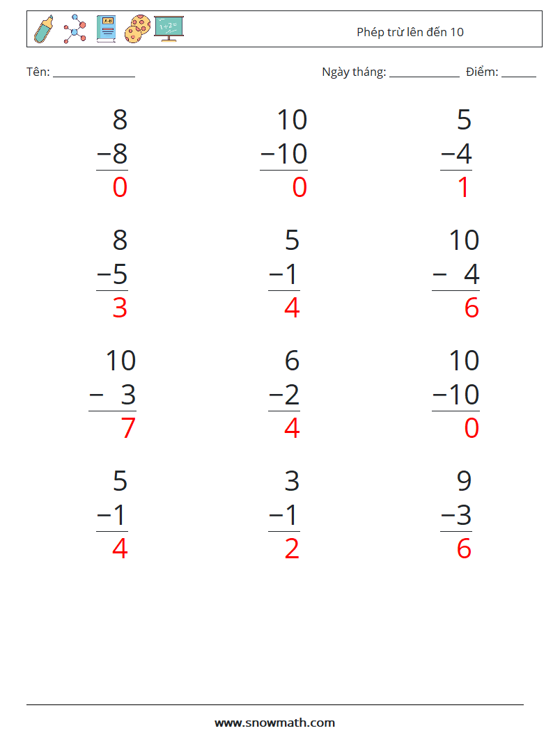 (12) Phép trừ lên đến 10 Bảng tính toán học 8 Câu hỏi, câu trả lời