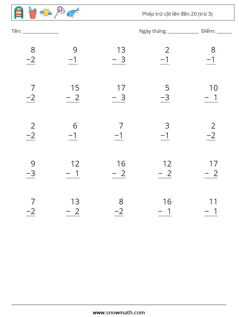 (25) Phép trừ cột lên đến 20 (trừ 3) Bảng tính toán học 3