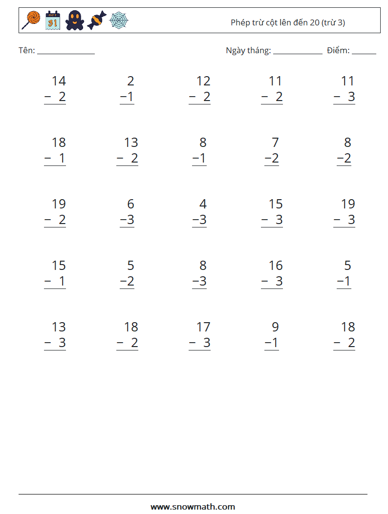 (25) Phép trừ cột lên đến 20 (trừ 3) Bảng tính toán học 9