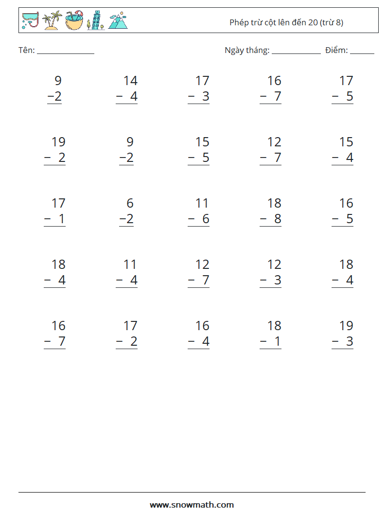 (25) Phép trừ cột lên đến 20 (trừ 8) Bảng tính toán học 11