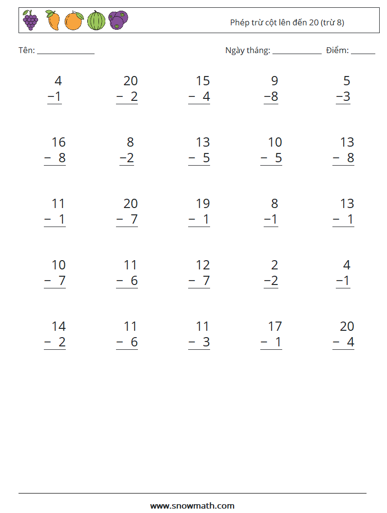 (25) Phép trừ cột lên đến 20 (trừ 8) Bảng tính toán học 12