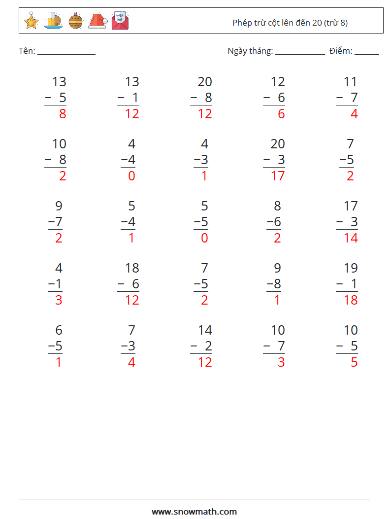 (25) Phép trừ cột lên đến 20 (trừ 8) Bảng tính toán học 13 Câu hỏi, câu trả lời