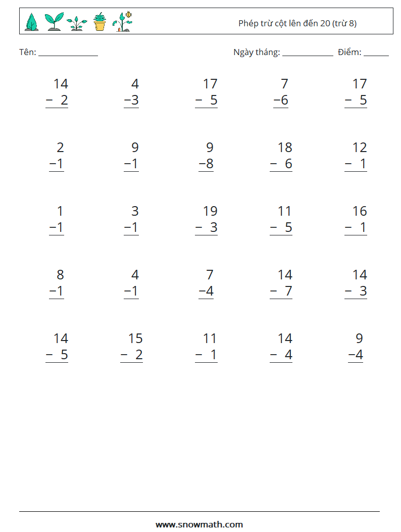 (25) Phép trừ cột lên đến 20 (trừ 8) Bảng tính toán học 17