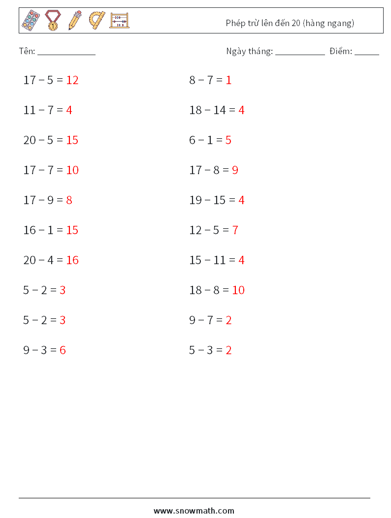 (20) Phép trừ lên đến 20 (hàng ngang) Bảng tính toán học 1 Câu hỏi, câu trả lời