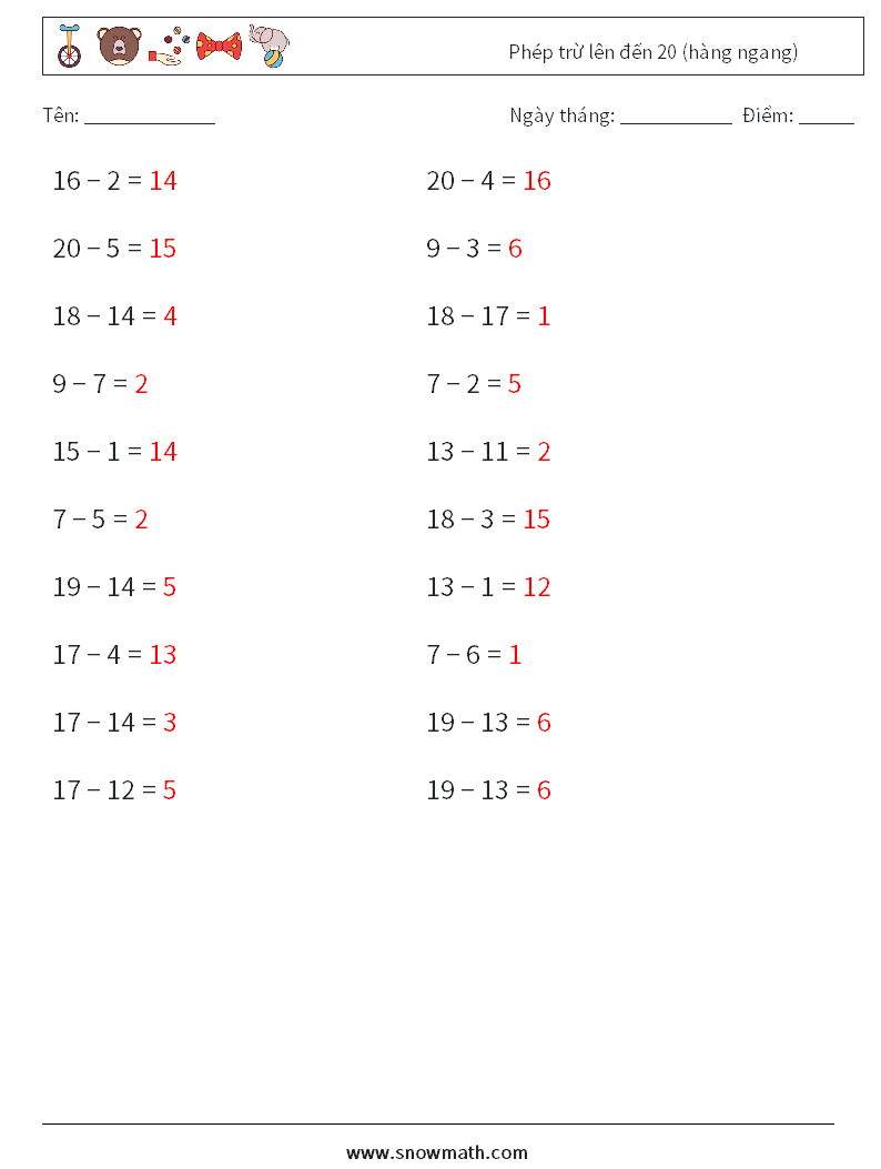 (20) Phép trừ lên đến 20 (hàng ngang) Bảng tính toán học 2 Câu hỏi, câu trả lời