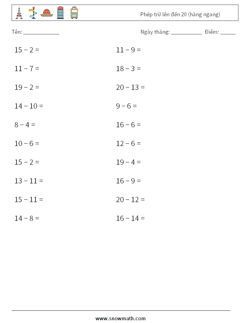 (20) Phép trừ lên đến 20 (hàng ngang) Bảng tính toán học 3