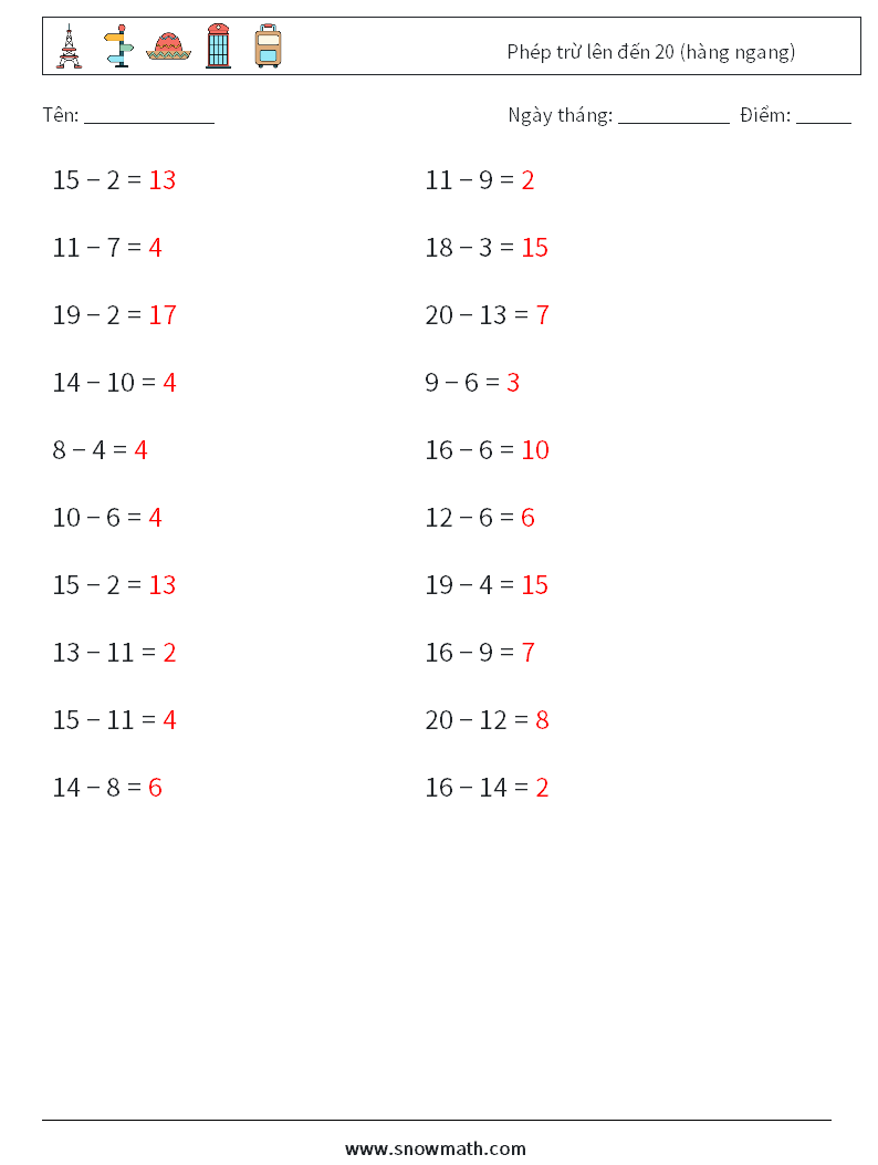 (20) Phép trừ lên đến 20 (hàng ngang) Bảng tính toán học 3 Câu hỏi, câu trả lời
