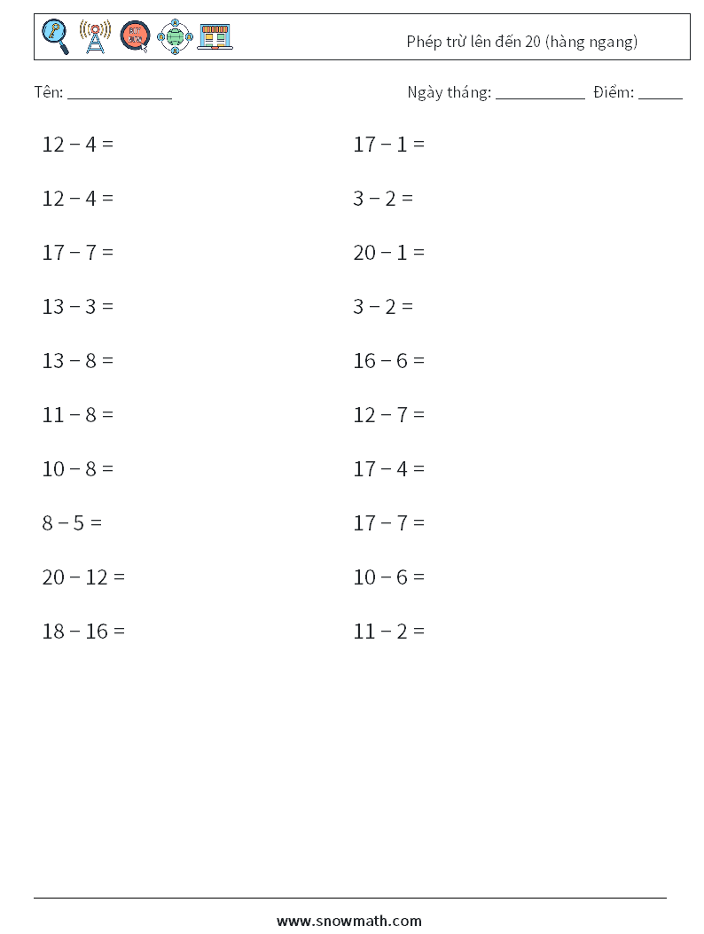 (20) Phép trừ lên đến 20 (hàng ngang) Bảng tính toán học 4