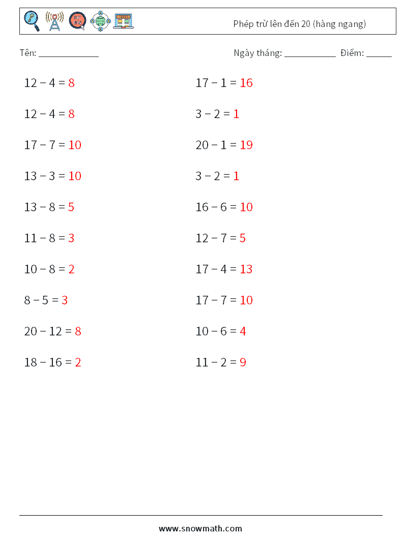 (20) Phép trừ lên đến 20 (hàng ngang) Bảng tính toán học 4 Câu hỏi, câu trả lời