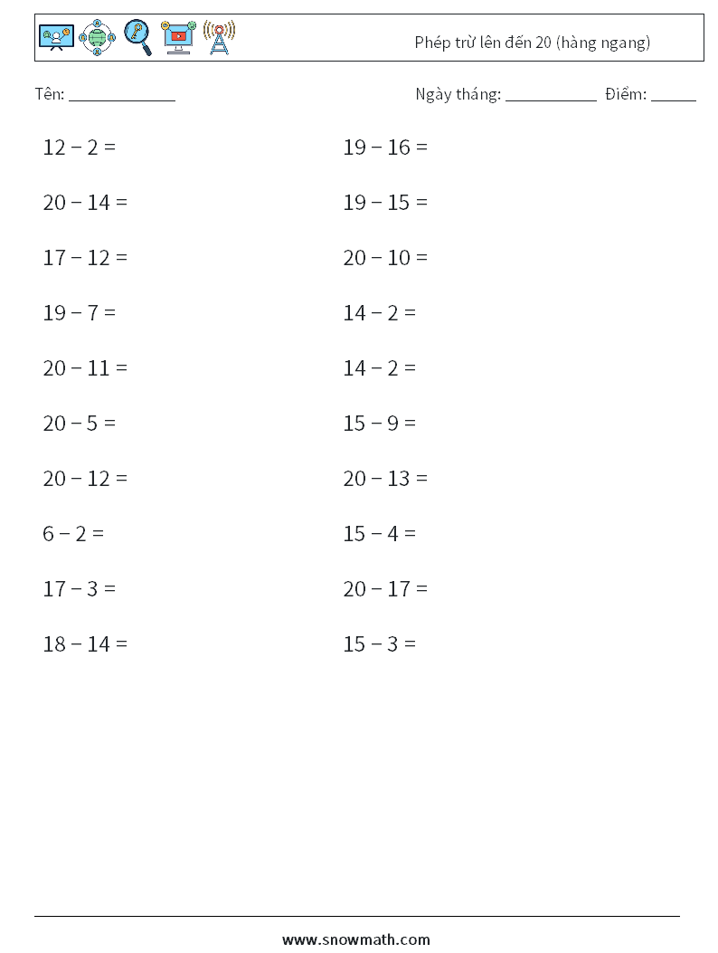 (20) Phép trừ lên đến 20 (hàng ngang) Bảng tính toán học 5