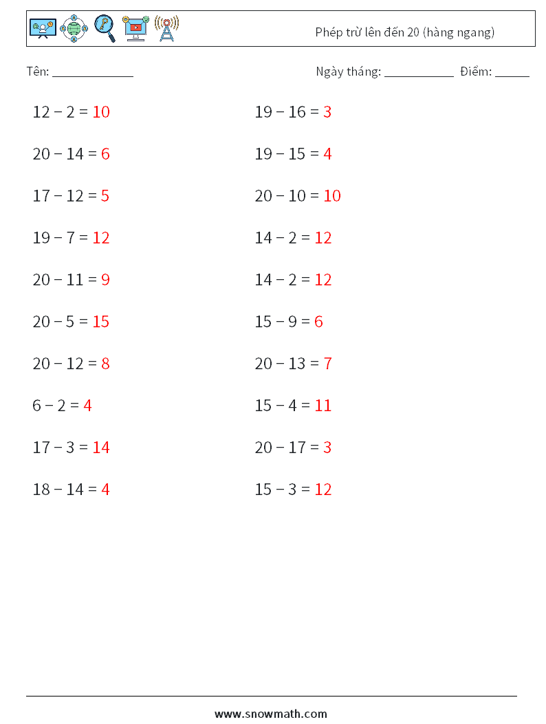 (20) Phép trừ lên đến 20 (hàng ngang) Bảng tính toán học 5 Câu hỏi, câu trả lời