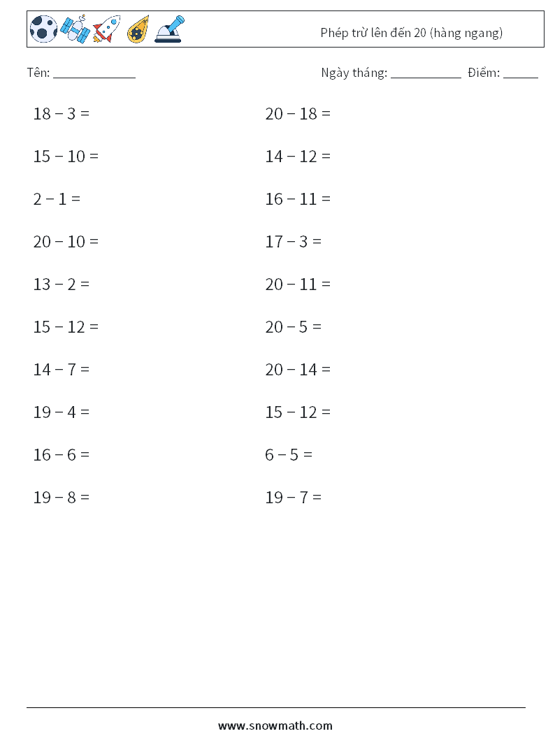 (20) Phép trừ lên đến 20 (hàng ngang) Bảng tính toán học 6
