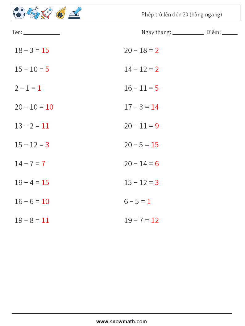 (20) Phép trừ lên đến 20 (hàng ngang) Bảng tính toán học 6 Câu hỏi, câu trả lời