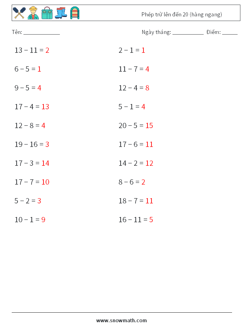 (20) Phép trừ lên đến 20 (hàng ngang) Bảng tính toán học 7 Câu hỏi, câu trả lời