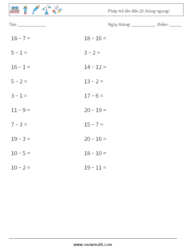 (20) Phép trừ lên đến 20 (hàng ngang) Bảng tính toán học 8