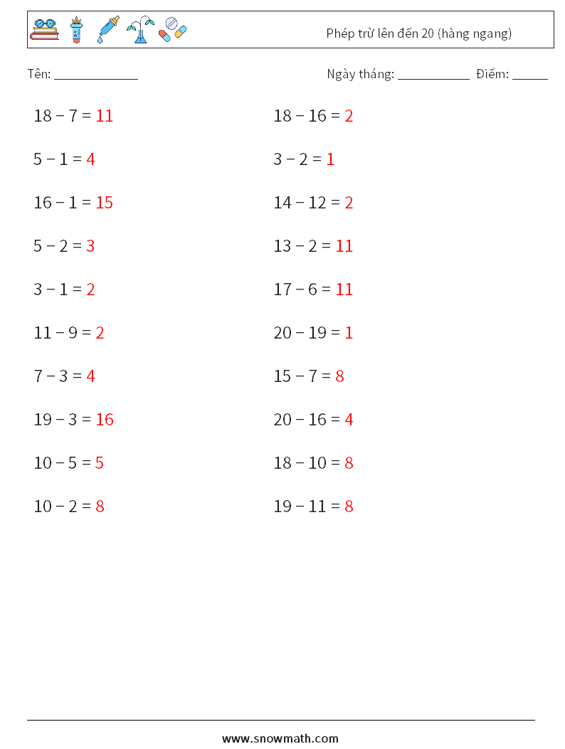 (20) Phép trừ lên đến 20 (hàng ngang) Bảng tính toán học 8 Câu hỏi, câu trả lời