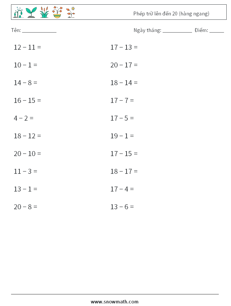 (20) Phép trừ lên đến 20 (hàng ngang) Bảng tính toán học 9