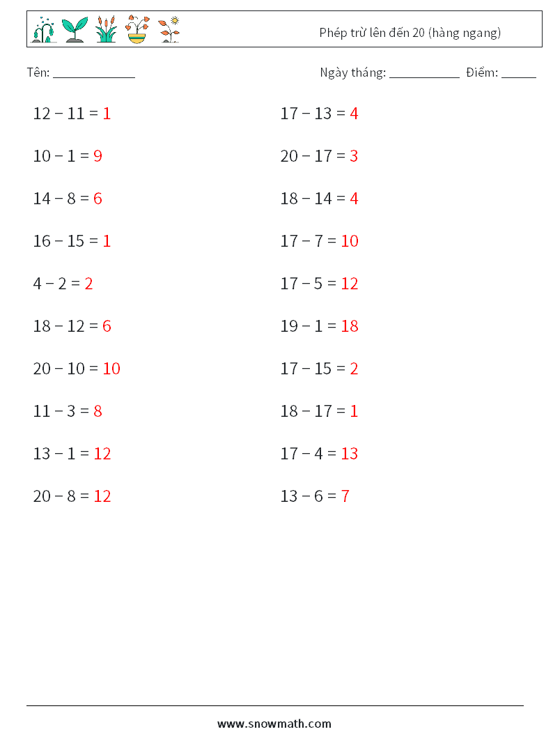 (20) Phép trừ lên đến 20 (hàng ngang) Bảng tính toán học 9 Câu hỏi, câu trả lời